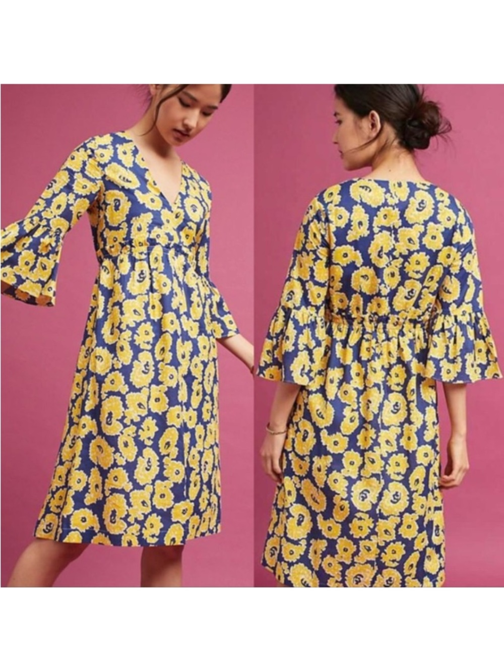 WHIT Yellow Floral V-Neck Midi Dress on Blue